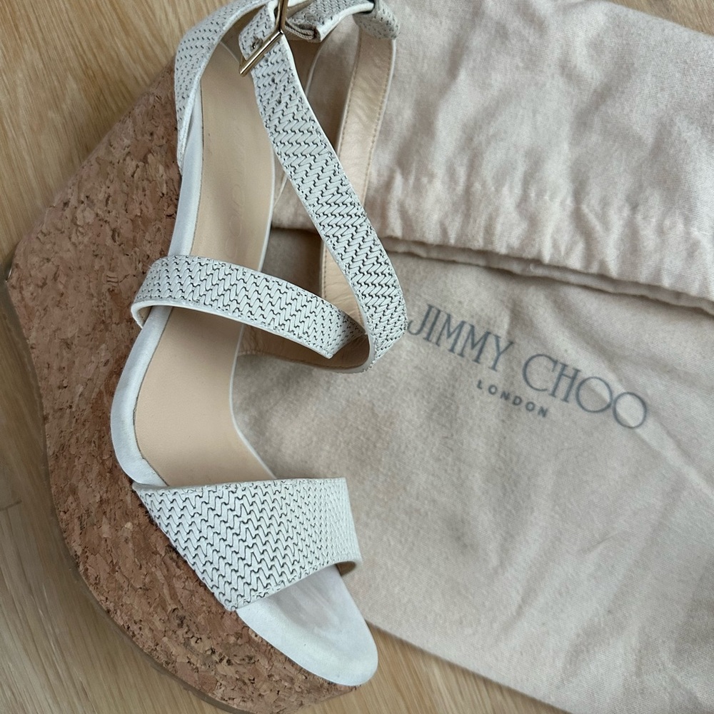Women’s | Jimmy Choo sandals. Portia 120 woven leather wedge sandal, white. - Picture 6 of 11